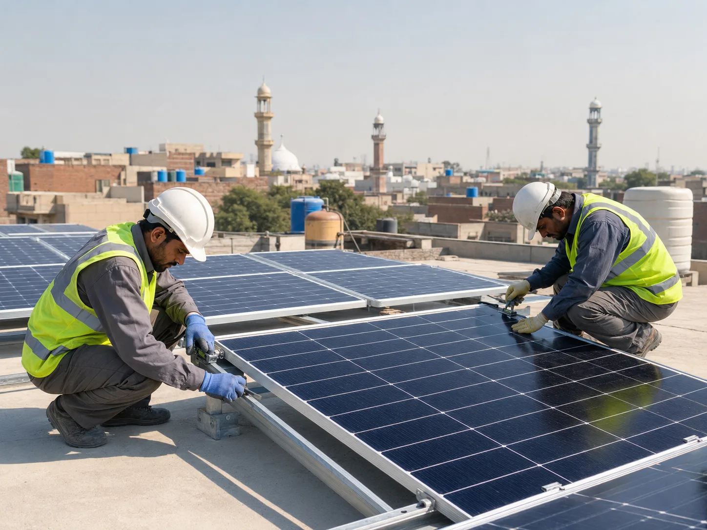 Professional Engineering World solar installers working on a rooftop in Lahore