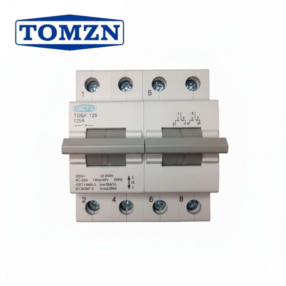 Tomzn TOSF-125 2P 125A MTS Dual Power Manual Transfer Isolating Switch Interlock Circuit Breaker TOMZN breaker type Change Over — solar equipment in Lahore, Pakistan