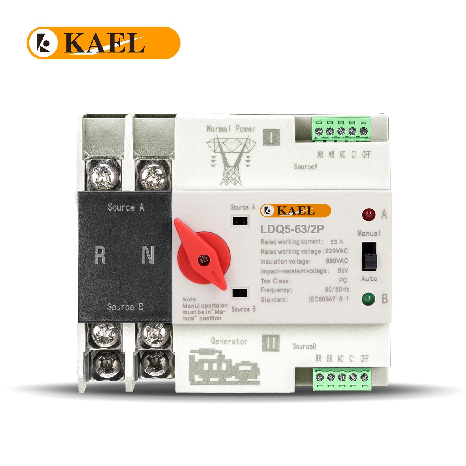 KAEL LDQ5-63/2P Red Nob AC Single Phase Din Rail 220V Dual Power Automatic Transfer Switch ATS — solar equipment in Lahore, Pakistan
