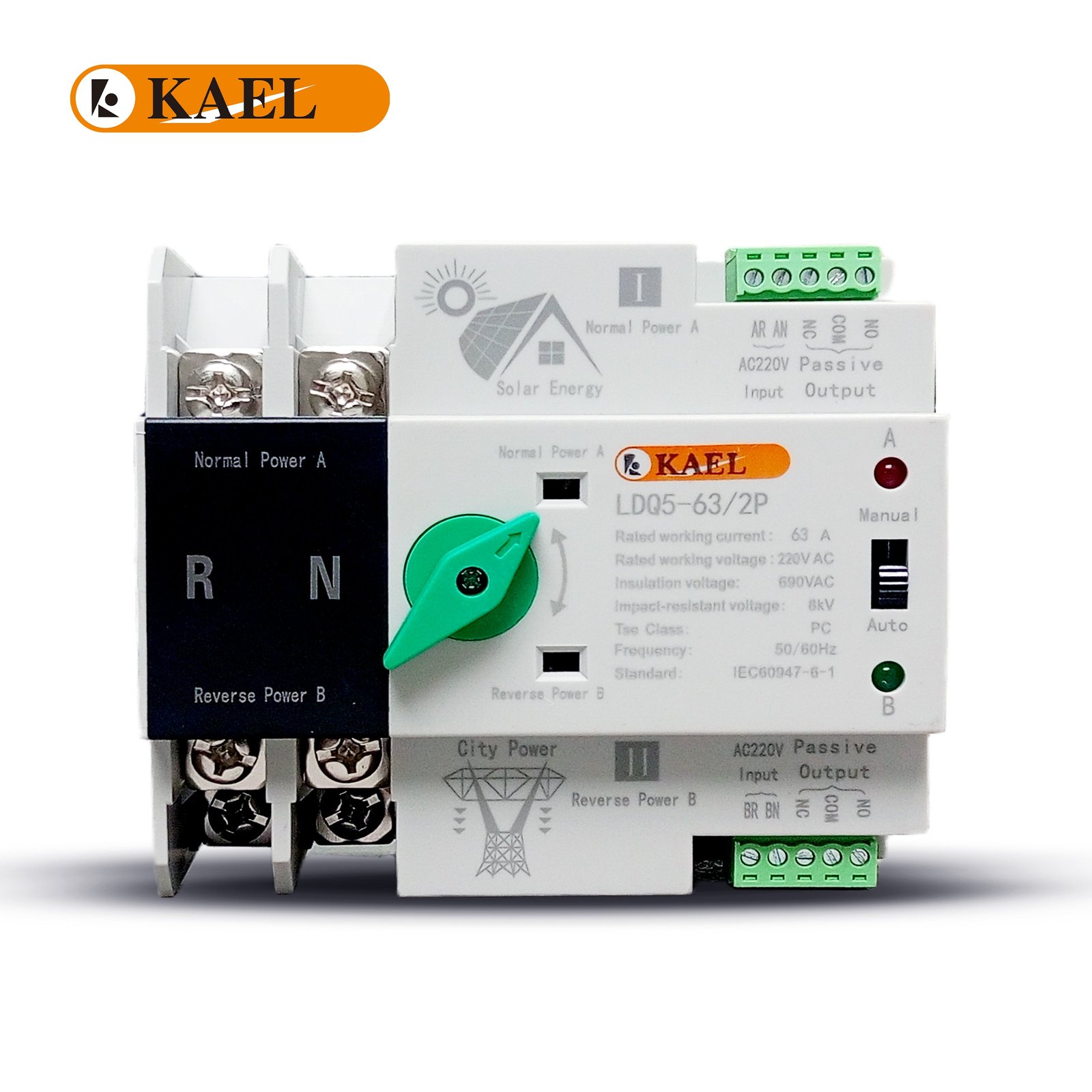 KAEL LDQ5-63/2P Green Nob AC Single Phase Din Rail 220V Dual Power Automatic Transfer Switch ATS — solar equipment in Lahore, Pakistan