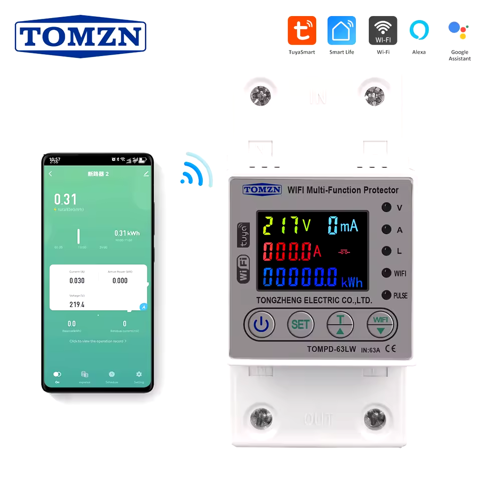 Tomzn All in One TOMPD 63LW 63A WIFI Smart  Circuit Breaker with voltage current and leakage protection. Tomzn 10in1 Smart Protector — solar equipment in Lahore, Pakistan