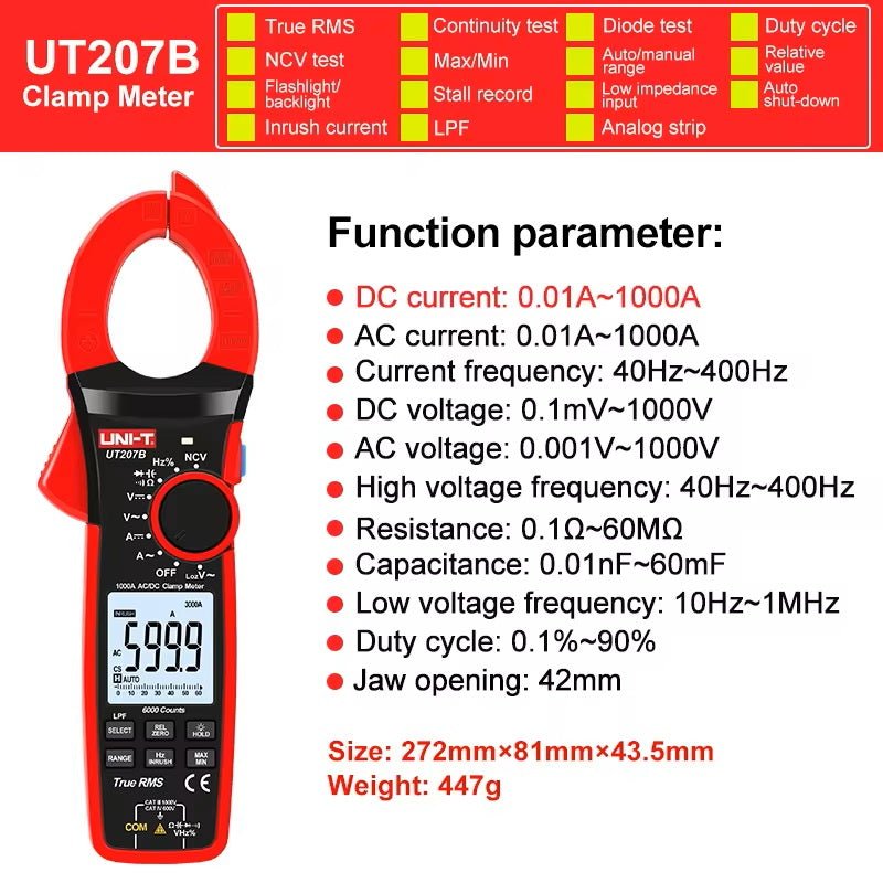 UNI-T UT207B True RMS Digital Clamp Meter AC DC Current 1000A 1000V Pliers ammeter LPF 6000 Count amperimetric clamp — solar equipment in Lahore, Pakistan
